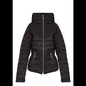 Black puffer Jacket with hood and gold zipper